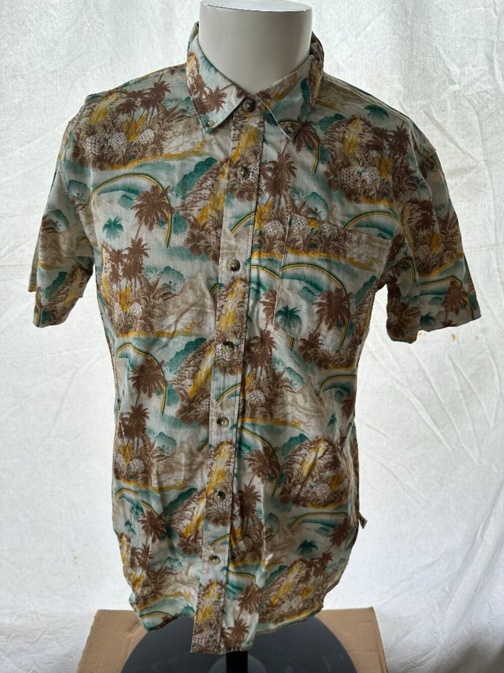Hang Ten Gold Men's Brown Gold Green Hawaiian Shirt Size Small Rainbow Cotton